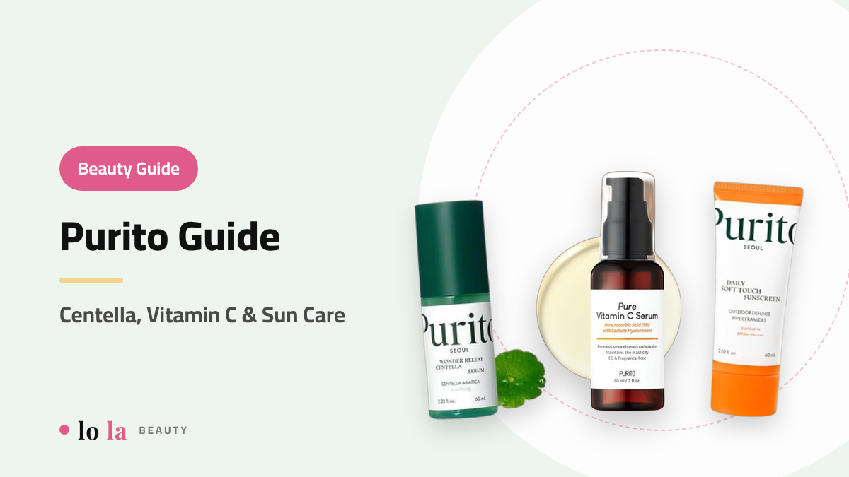 Beauty Guide cover: Purito guide, Wonder Releaf Centella serum, Pure Vitamin C serum and Daily Soft Touch sunscreen