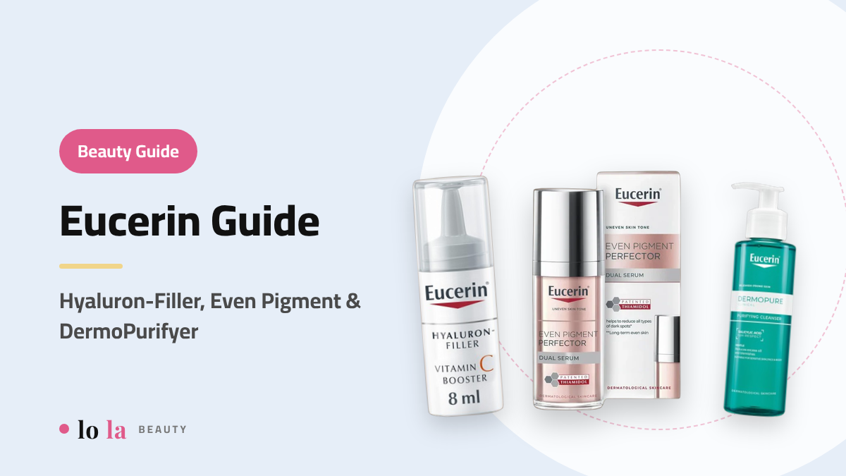 Beauty Guide cover: Eucerin guide, Hyaluron-Filler Vitamin C Booster, Even Pigment Dual Serum and DermoPurifyer Cleansing Gel