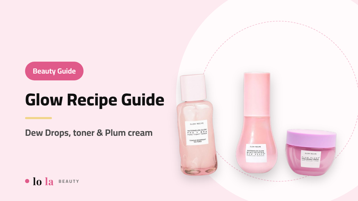 Beauty Guide cover: Glow Recipe guide, Watermelon Glow Niacinamide Dew Drops Serum, PHA+BHA Pore-Tight Toner and Plum Plump Hyaluronic