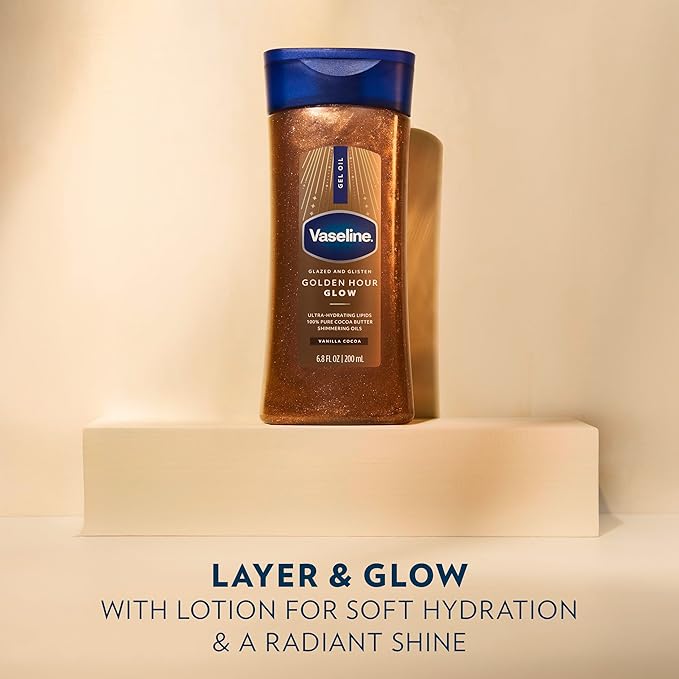 Vaseline Glazed and Glisten Golden Hour Glow Vanilla Cocoa Shimmer Gel Oil 200Ml